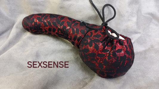 Penissocke, Lümmeltüte, Juwelensäckchen, schwarz/rot Hochglanz Sackhalter Lycra Willypyjama - SEXSENSE