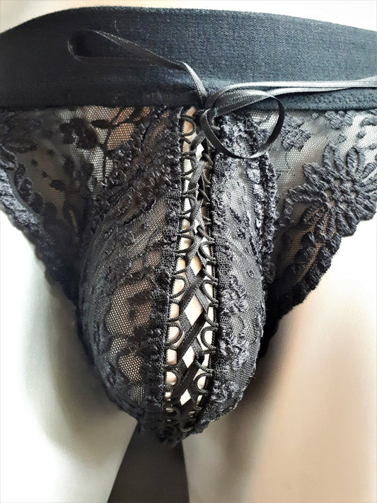 Corsage geschnürter Spitzen - Thong Dessous schwarzes Korsett - Suspensorium - SEXSENSE
