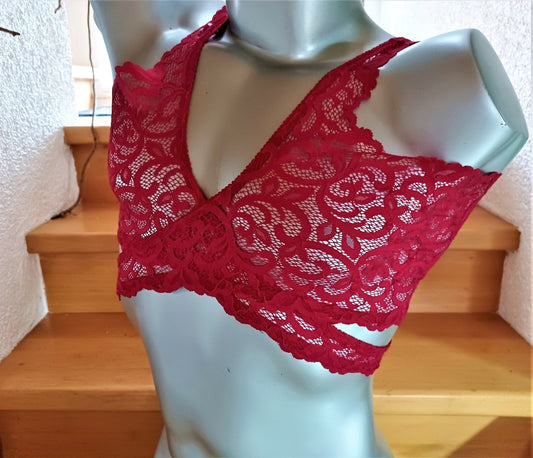 Bustier BH feminines Shirt - Top aus elastischer Spitze in himbeerrot 2 - teiliges - SEXSENSE