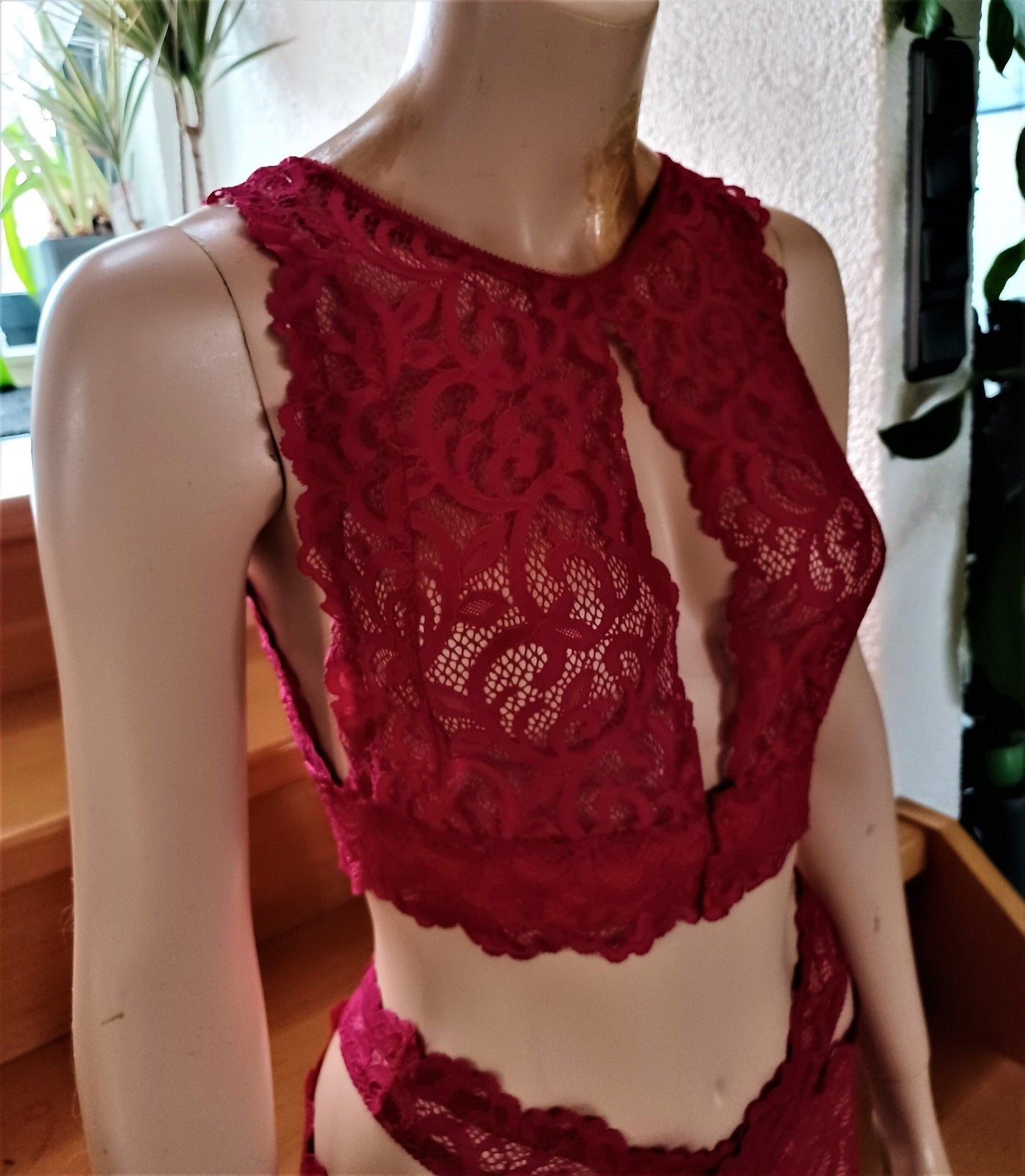 Bustier BH Unterwäsche elastische Spitze himbeerrot Top Shirt Unikat - SEXSENSE