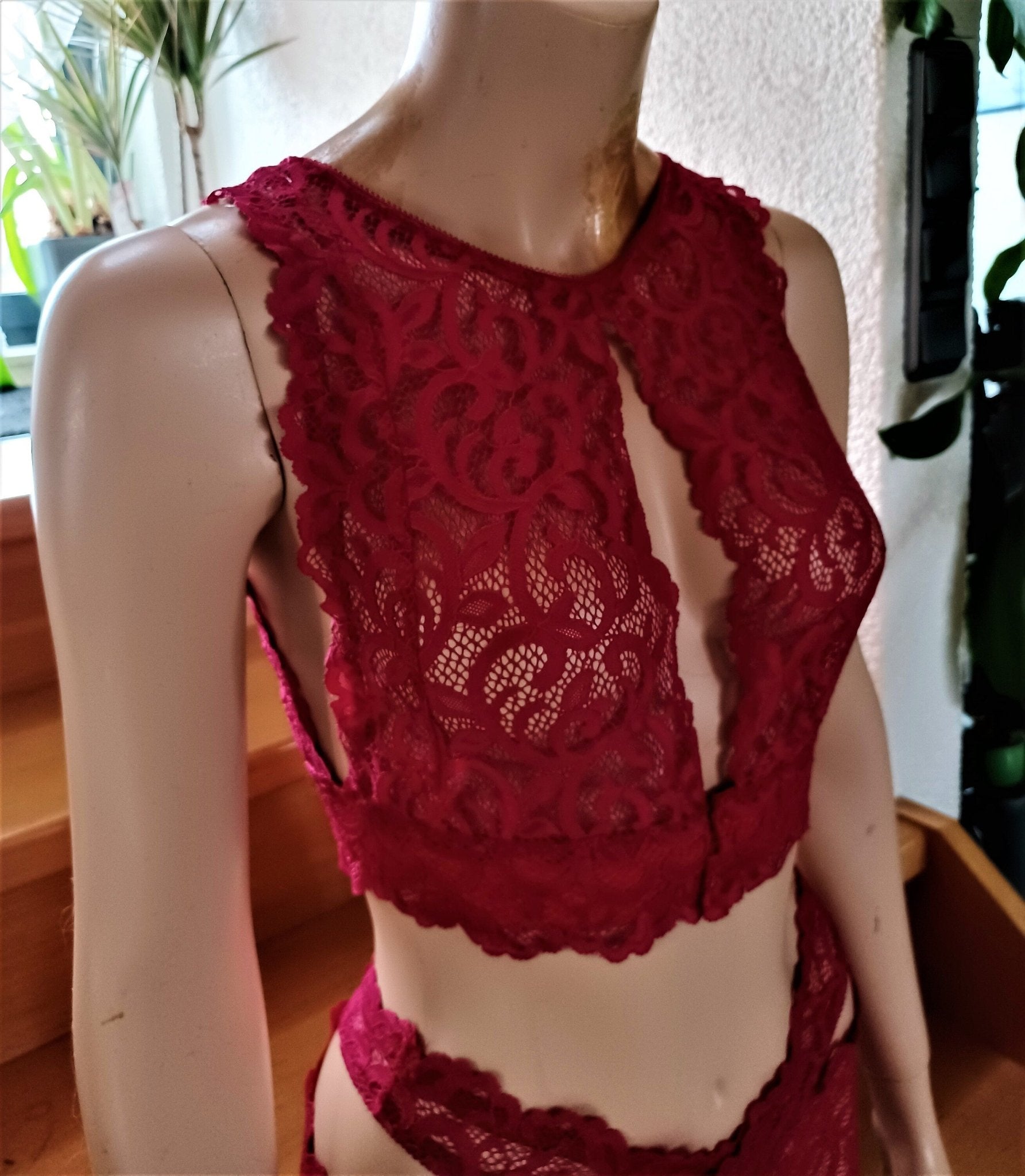 Bustier BH Unterwäsche elastische Spitze himbeerrot Top Shirt Unikat - SEXSENSE