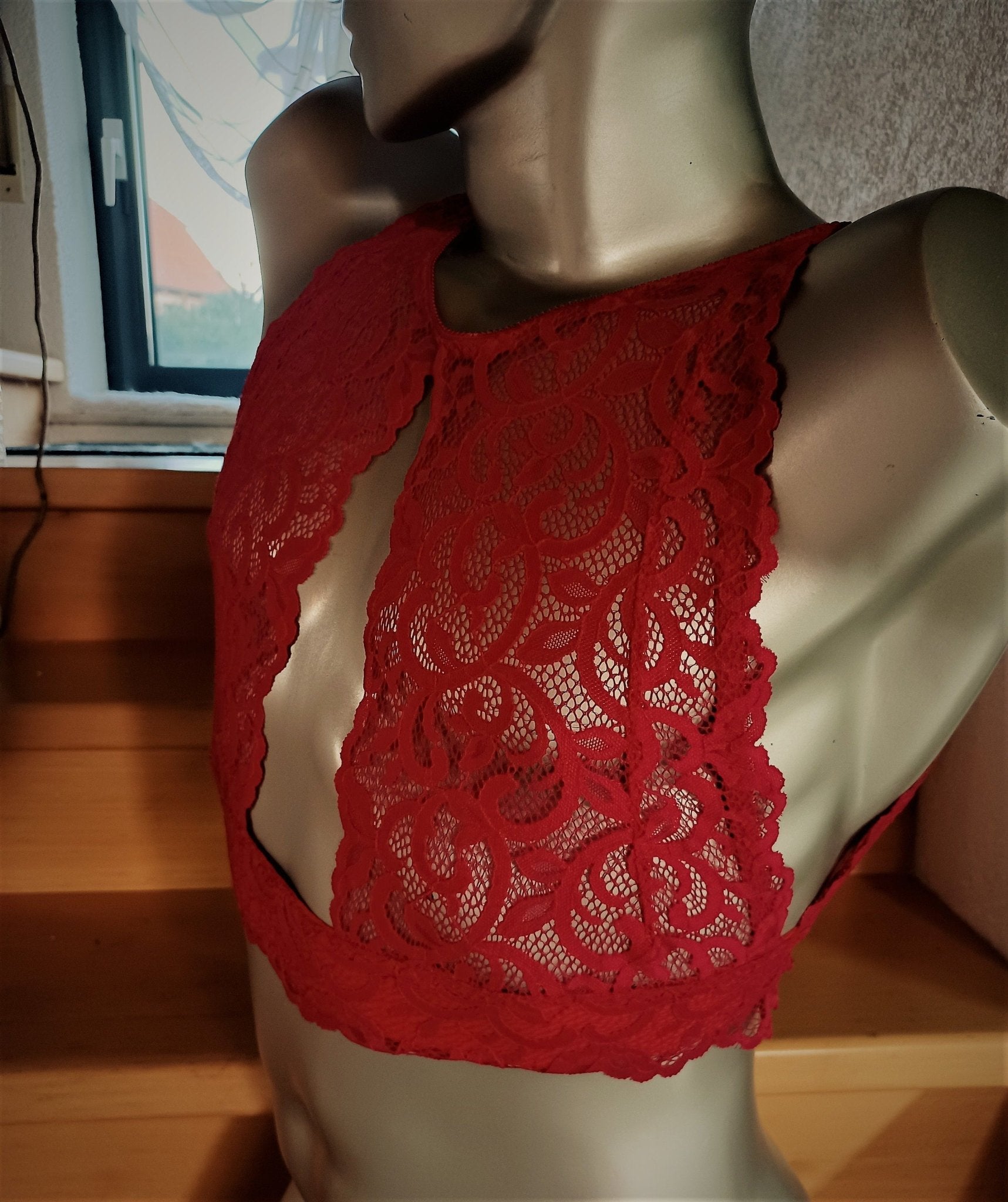 Herren Bustier BH Designerwäsche Sissy elastische Spitze himbeerrot Top Shirt - SEXSENSE