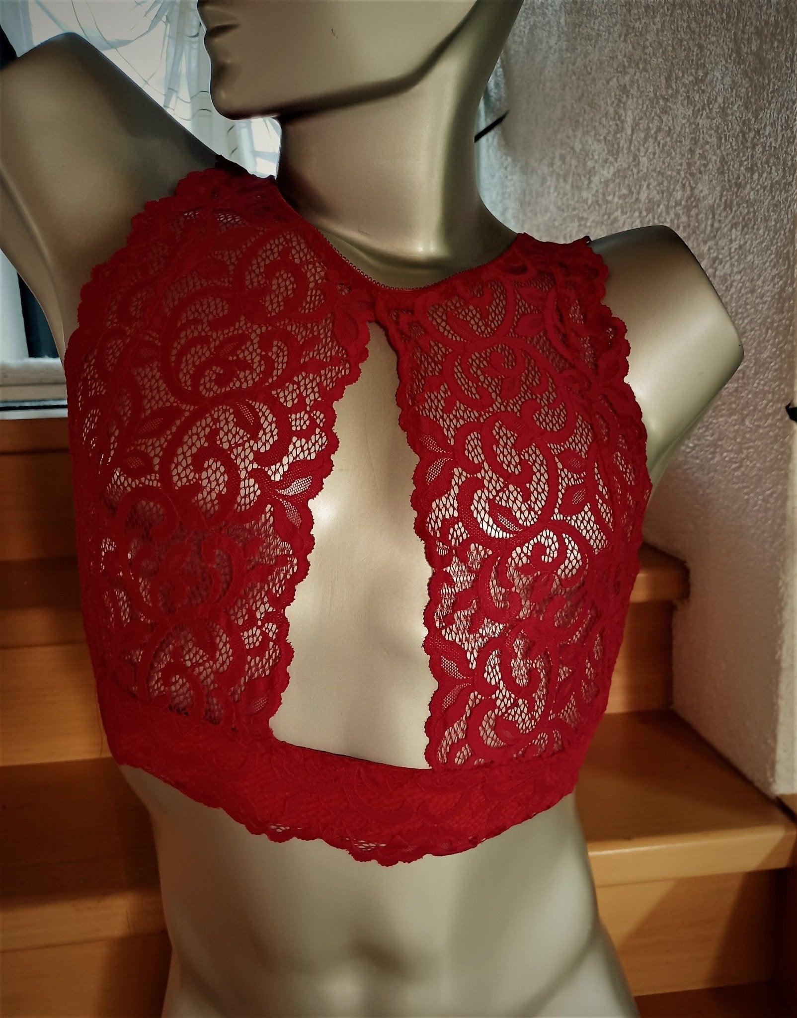 Herren Bustier BH Designerwäsche Sissy elastische Spitze himbeerrot Top Shirt - SEXSENSE