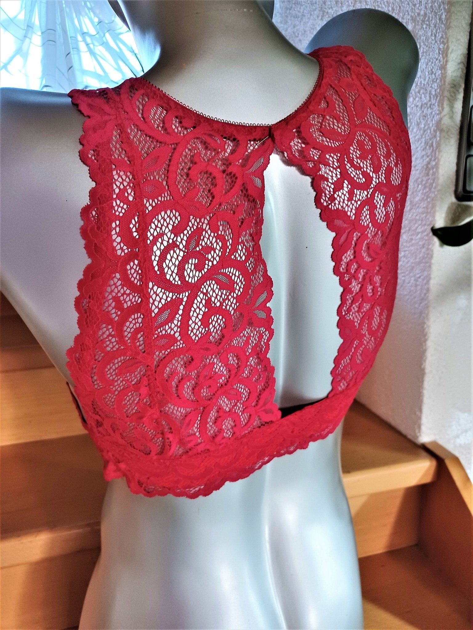 Herren Bustier BH Designerwäsche Sissy elastische Spitze himbeerrot Top Shirt - SEXSENSE
