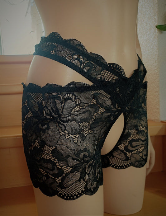Stay Hip, 2 - teilige Strapse aus elastischer Spitze schwarz glänzend Dessous, Lingerie, Strumpfband ouvert Maßanfertigung sexy Toy - SEXSENSE
