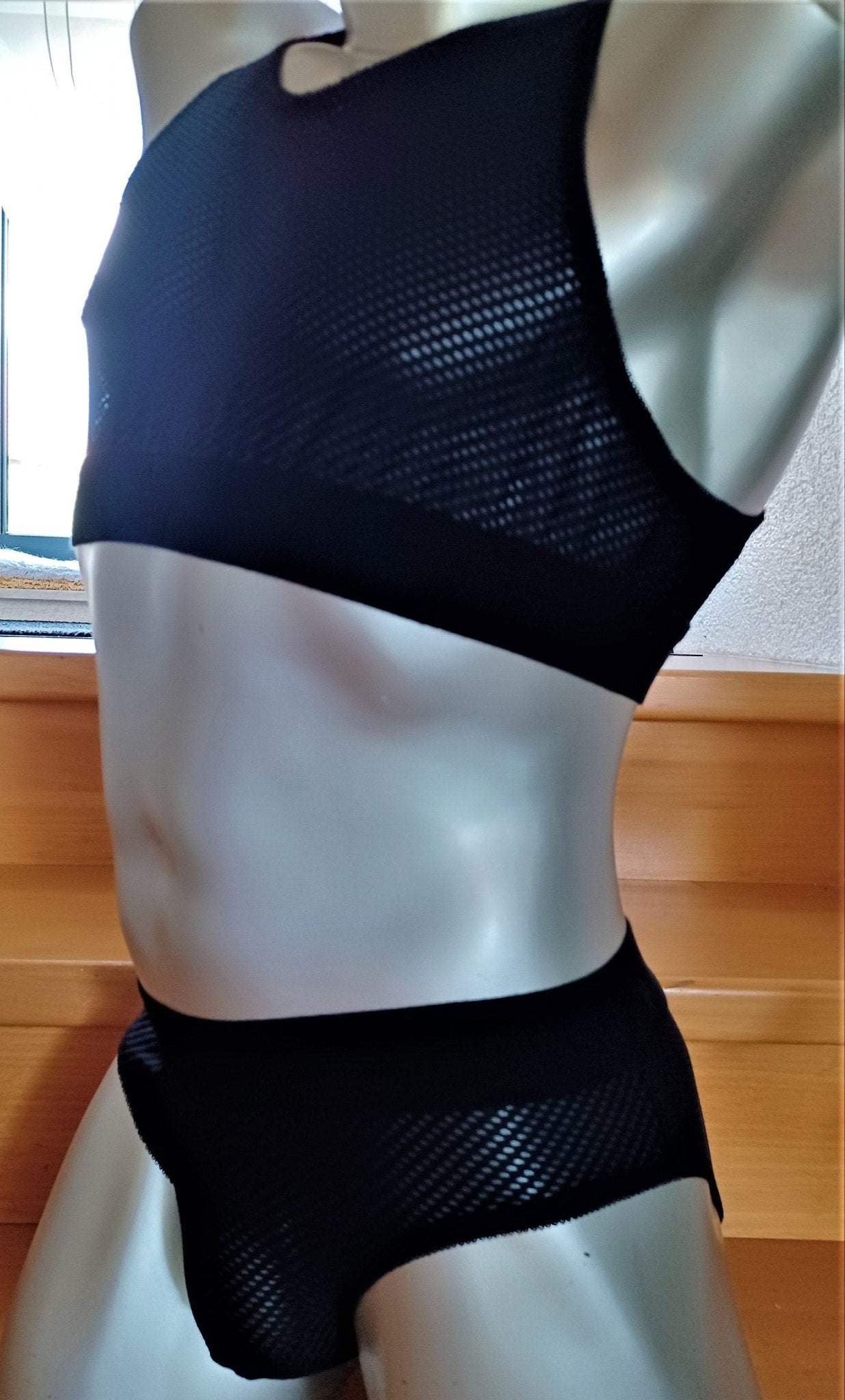 Herren Mesh Muscle - Shirt Bustier sportliche Unterwäsche elastischer schwarzer transparent - SEXSENSE