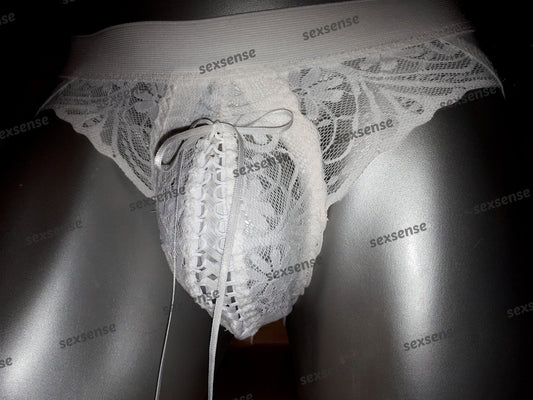 Corsagen Thong weiß elastische Spitze Sissy Unikat Suspensorium geschnürt - SEXSENSE